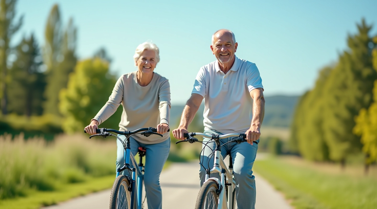 Seniori ar draudzīgiem velosipēdiem parkā, skaidra diena, uzsmaidīti sejas